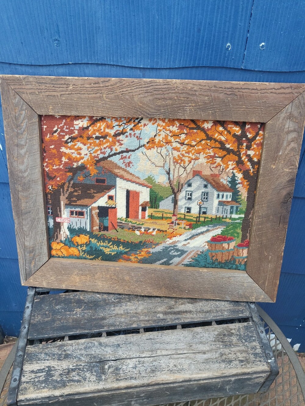 Vintage "The Roads Home" Needlepoint Barnwood Framed Wall Art ~ Farmhouse - Picture 2 of 9